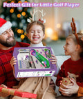 Family gifting Kids Golf Toy Set With Dinosaur Automatic Ball Return LED Light Up Night Balls in festive setting.