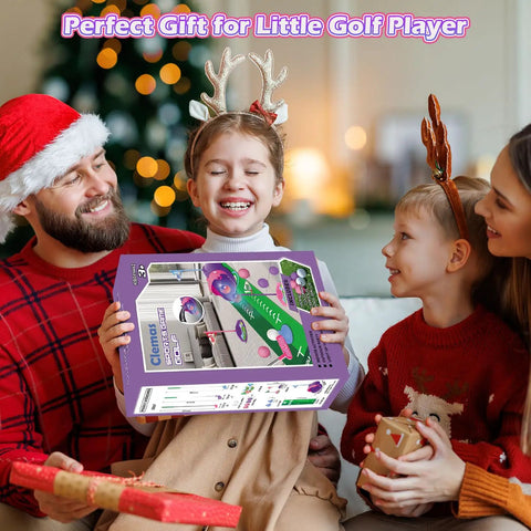Family gifting Kids Golf Toy Set With Dinosaur Automatic Ball Return LED Light Up Night Balls in festive setting.