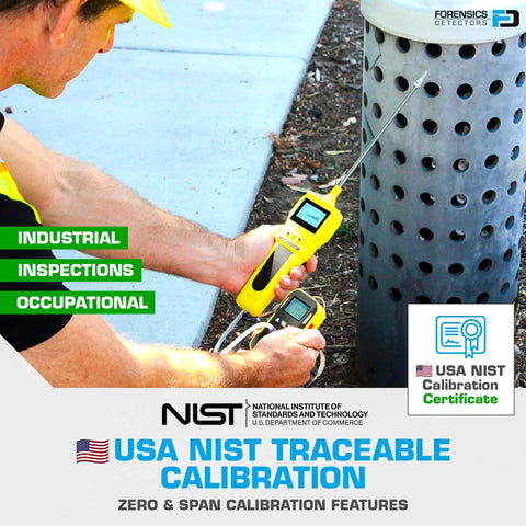 Person using CO Detector With Built In Pump For Easy Air Sampling No Joke 0 To 1000 PPM Range USA NIST Calibrated USB Rechargeable.