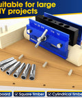 Self Centering Doweling Jig Kit for Pro Grade Results, Perfectly Straight Holes, Biscuit Joiner Set in blue with 6 bushings