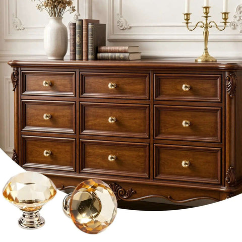 Upgrade Your Cabinets With These Slick Yellow Crystal Drawer Knobs Featuring Diamond Cut Design Solid Aluminum Base And Includes Mounting Hardware For Fast Easy Installation To Totally Elevate Your Entire Decor Game. Two yellow crystal knobs showcase a diamond cut design.