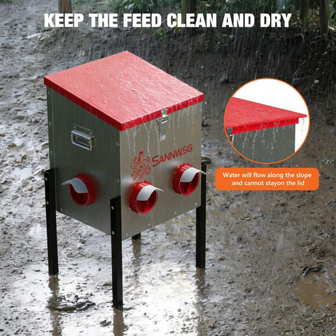 Top Shelf Metal Chicken Feeder With 30 Pound Capacity And Six Accessible Ports Cuts Waste Fast While Keeping Your Flock Fully Fed Includes Sturdy Adjustable Legs Plus A Handy Veggie Tray For Fresh Greens And Quick Snacks in the rain.