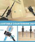 22-Piece Countersink Drill Bit Set with Quarter Inch Hex Shank, Tapered Countersinks, Wood Plug Cutters, Adjustable Depth Stops
