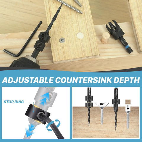 22-Piece Countersink Drill Bit Set with Quarter Inch Hex Shank, Tapered Countersinks, Wood Plug Cutters, Adjustable Depth Stops