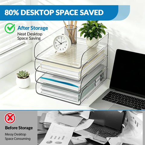 Clear Acrylic 4 Tier Desk Organizer Stand for A4 and Letter Papers File Folders Notebooks and Office Gear Vertical Storage Rack.