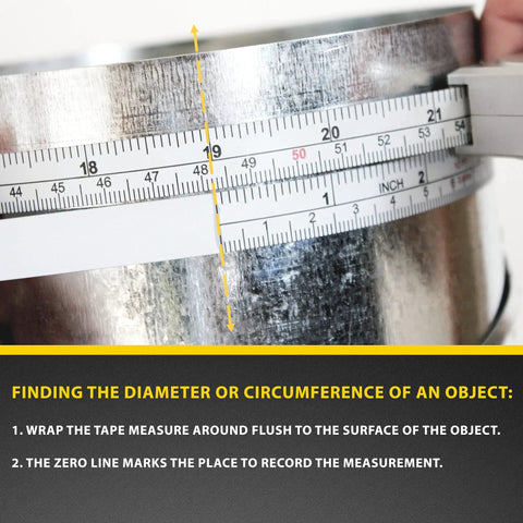 Diameter And Circumference Tape Measure For Easy Measuring Around Anything Handy Pocket Size OD Tool With Imperial And Metric Half Inch By 12 Feet Flexible Retractable Steel Tape For Pipe Tree And Cylindrical Objects being used to measure a metal cylinder