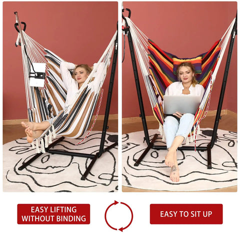 Double Hammock Chair With Stand In Boho Bohemian Style With Tassels And Phone Holder, Manual Adjustable Swing for indoor use