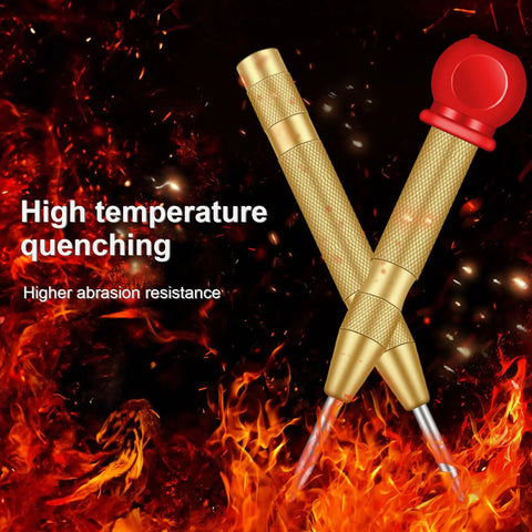 Slick Badass Automatic Center Punch For Metal And Woodworking With Precise Spring Loaded Marking Tool Game Changer For Diy Workshop Projects No Sweat Positioning Handheld Steel Gold Finish Starter Drill Alignment on a fiery background.