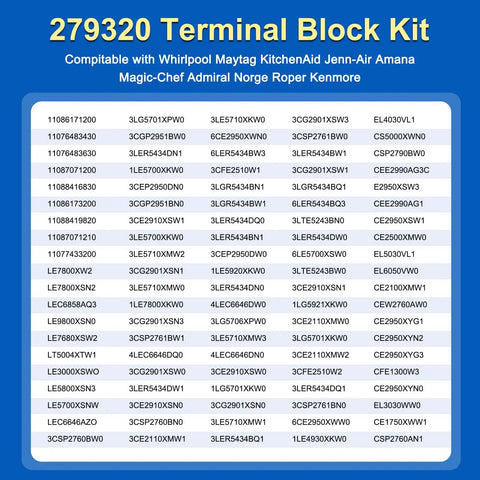 279320 terminal block kit compatibility chart for Whirlpool, Maytag, KitchenAid, Jenn-Air, Amana and other dryer models