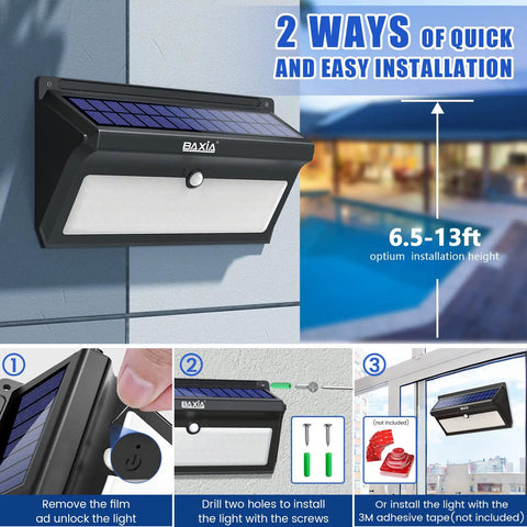 Outdoor Solar Lights Wireless 100 LED Motion Sensor Security Wall Lights Waterproof For Front Door Backyard Steps Garage And Garden 2000 Lumens Mega Pack shown with installation instructions