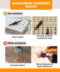 Adjustable Countersink Drill Bit With Zero Hassle Tool Free Depth Adjustment, Smooth 1/8 Inch Pilot And Tough 5/16 Inch Carbide Cutter For Easy Woodworking And Quick Hole Prep showing clean countersink holes.