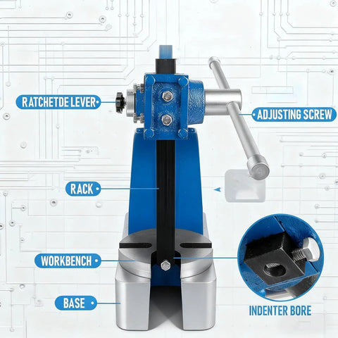 Built Like A Tank 2 Ton Manual Arbor Press showing ratcheted lever, adjusting screw, and sturdy base for metal fabrication.