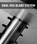 Close-up of the dual HSS blade system in the Six Inch Benchtop Jointer With 15 Amp Motor And 12000 Rpm For Slick Cuts Adjustable Fence Up To One Eighth Inch Depth Hss Blades Rock Solid Woodworking Table Jointer Kit.