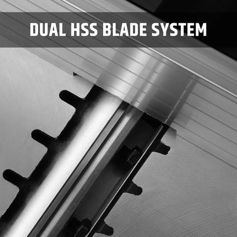 Close-up of the dual HSS blade system in the Six Inch Benchtop Jointer With 15 Amp Motor And 12000 Rpm For Slick Cuts Adjustable Fence Up To One Eighth Inch Depth Hss Blades Rock Solid Woodworking Table Jointer Kit.
