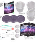 Glow In The Dark Crystal Growing Kit For Kids Ages Eight To Twelve With LED Light Up Display Grow Red Blue And Clear Crystals And See Them Glow A Totally Hands On STEM Toy Gift For Boys And Girls. Includes instruction guide, 3 cups, USB cable, and powder bags.