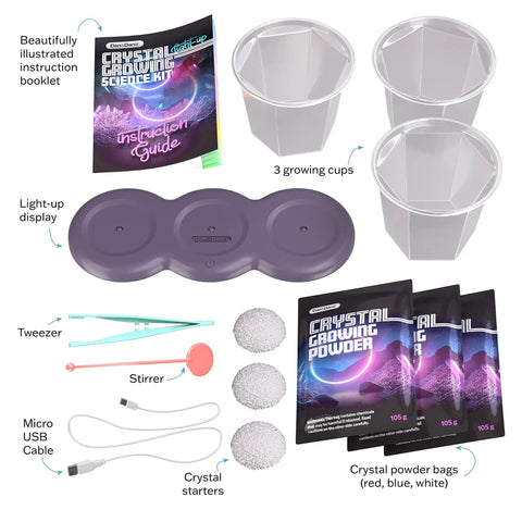 Glow In The Dark Crystal Growing Kit For Kids Ages Eight To Twelve With LED Light Up Display Grow Red Blue And Clear Crystals And See Them Glow A Totally Hands On STEM Toy Gift For Boys And Girls. Includes instruction guide, 3 cups, USB cable, and powder bags.