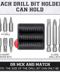 Six Pack Drill Bit Holder Holster With High Strength Adhesive showing holder and compatible 1/4-inch bits