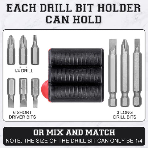 Six Pack Drill Bit Holder Holster With High Strength Adhesive showing holder and compatible 1/4-inch bits