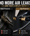 Comparison of Locking Air Chucks For Tires With Quick Connect And 8mm Clip-On Adapter vs traditional valve attachment.