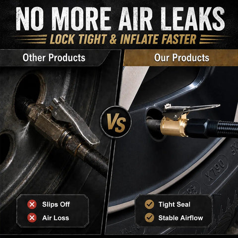 Comparison of Locking Air Chucks For Tires With Quick Connect And 8mm Clip-On Adapter vs traditional valve attachment.