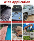 Collage showing uses of 4 Inch Nylon Cup Brush: grill cleaning, bed liner prep, car paint, brick cleaning, rusty trolley, trailer hitch.