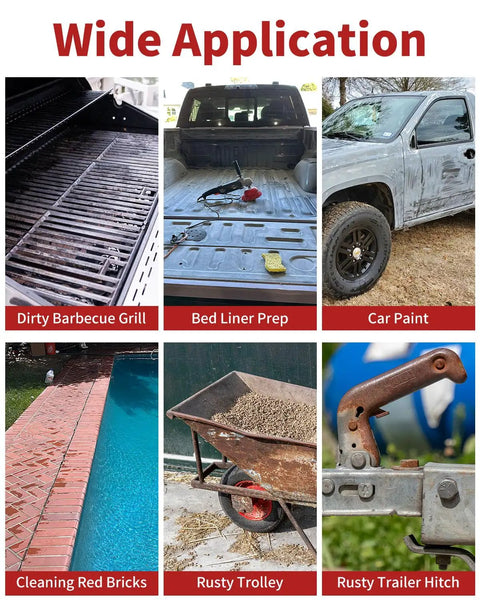 Collage showing uses of 4 Inch Nylon Cup Brush: grill cleaning, bed liner prep, car paint, brick cleaning, rusty trolley, trailer hitch.