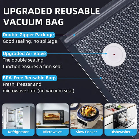 Handheld Vacuum Sealer For Food With 30 Reusable Bags, detailed view of upgraded reusable vacuum bag with air valve