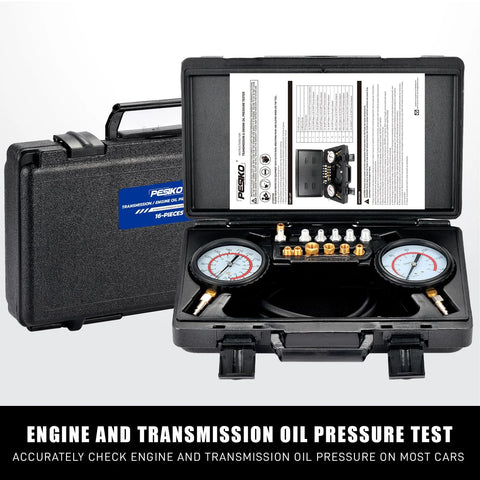 PESIKO professional engine and transmission oil pressure gauge kit in hard case; front view shows dual gauges and adapters