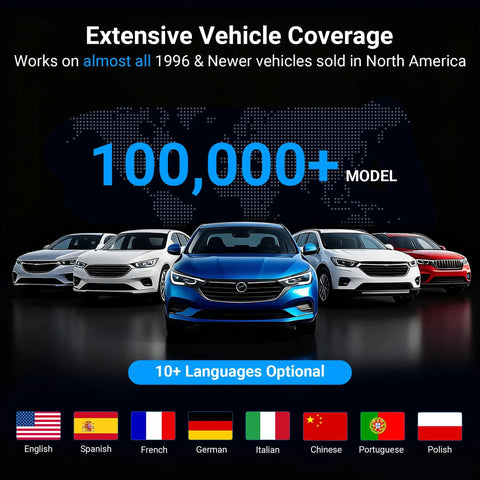 Bluetooth OBD2 Scanner With Full System Diagnostics For All OBDII Cars Since 1996, vehicle compatibility map and car lineup.