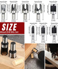 Badass Sharp And Ridiculously Tough Eight Piece Wood Plug Cutter Drill Bit Set With Titanium Coated Carbon Steel shown with size measurements and usage.
