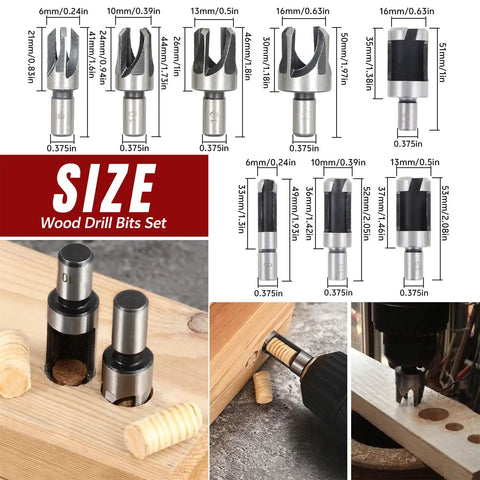 Badass Sharp And Ridiculously Tough Eight Piece Wood Plug Cutter Drill Bit Set With Titanium Coated Carbon Steel shown with size measurements and usage.