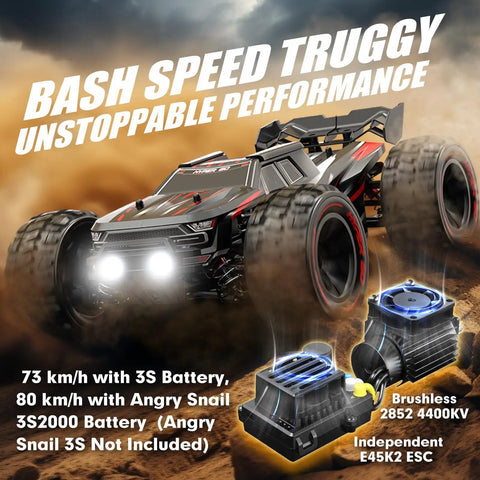 Lightning Fast One Fourteenth Scale Brushless RC Truggy For Adults showcasing speed and performance, with large offroad tires.