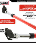 Close-up of dual head extendable breaker bar with 1/2 inch drive, red handle, chrome vanadium steel, twist lock adjustable design.