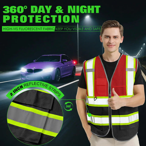 Snag This Dope Custom Logo Ansi Class 2 Hi Vis Mesh Safety Vest For Men Featuring Five Reflective Pockets Mic Clips And Crew Approved Grind Ready Rig with reflective stripes.