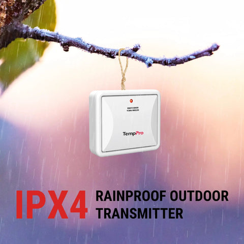 915MHz Outdoor Humidity Sensor Add-On For Indoor Outdoor Thermometer Systems, Waterproof transmitter hanging on branch