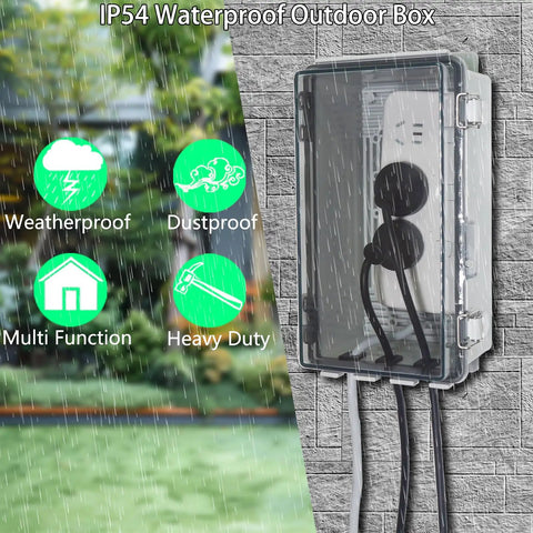 Heavy Duty Outdoor Waterproof Electrical Box With Clear Hinged Lid IP55 Tough As Nails Junction Cover For Power Strips Extension Cords And Outlet Protectors Dead Easy Weather Shield 8.9 X 4.9 X 4.3 Inch, shown in rain.
