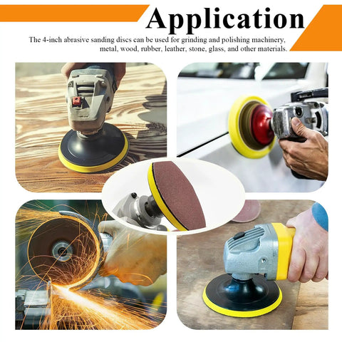 Applications of 102 Pcs 40 To 800 Grit Angle Grinder Sanding Discs demonstrating wood and metal polishing.