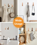 No Sweat Self Adhesive Wood Hooks, 6 Piece Set With Real Beech And Walnut Grain used for hanging bags and towels in various settings.