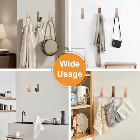 No Sweat Self Adhesive Wood Hooks, 6 Piece Set With Real Beech And Walnut Grain used for hanging bags and towels in various settings.