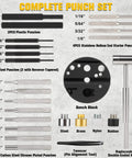 23 Piece Roll Pin Punch Set With Hammer And Bench Block for mechanics and gearheads, showing punch sizes and materials