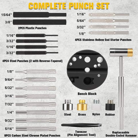 23 Piece Roll Pin Punch Set With Hammer And Bench Block for mechanics and gearheads, showing punch sizes and materials