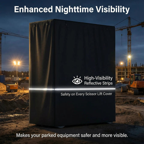 Heavy Duty Scissor Lift Cover 75 X 34 X 87 Inch Tough As Nails Aerial Guard with reflective strips for safety.