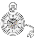 Men's Skeleton Pocket Watch With Hand Wind Mechanical Movement Stainless Steel Case And 12 Inch Chain With Belt Clip Dual Sided Dial