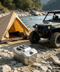 Heavy Duty 304 Stainless Steel Water Storage Canister 10 Liter Liquid Container at campsite with tent and off-road vehicle