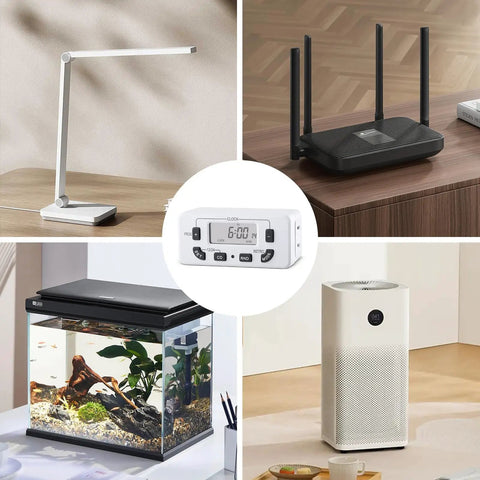 Drop Dead Simple 7 Day Programmable Digital Timer Outlet With 15 Amp Capacity Smooth Operation ideal for table lamps and fish tanks.