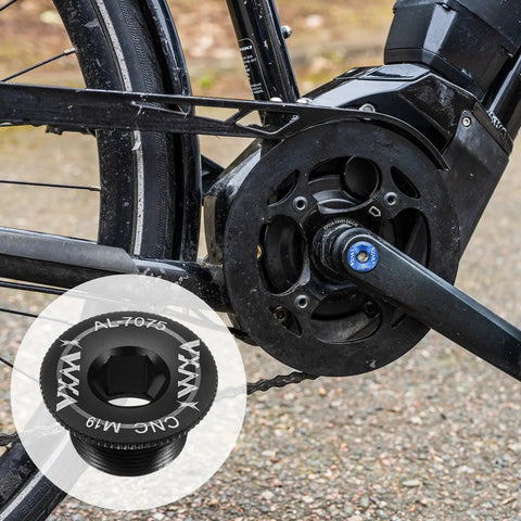 Installed Two Pack M19 Aluminum Crank Screws for Mountain and Road Bikes, Lightweight Crank Fixing Bolts close-up detail.