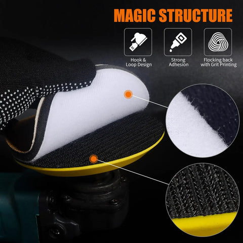 Upgraded 5 Inch Hook And Loop Backing Pad With 5/8-11 Threads For Angle Grinders showing foam interface and hook loop design