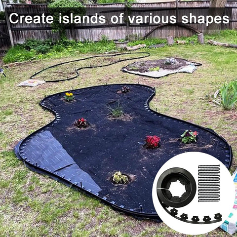 Black Landscape Edging Kit 20 Ft With 20 Spikes 2 Inch Tall Plastic Garden Border showing flexible island shapes in lawn