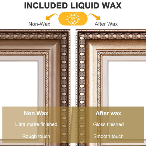 Comparison image of frame finishes, showing matte finish before and gloss finish after using wax, highlighting included liquid wax.