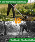 Comparison of garden rotary cultivator with 67 inch adjustable handle and traditional tool, showcasing weeding efficiency.
